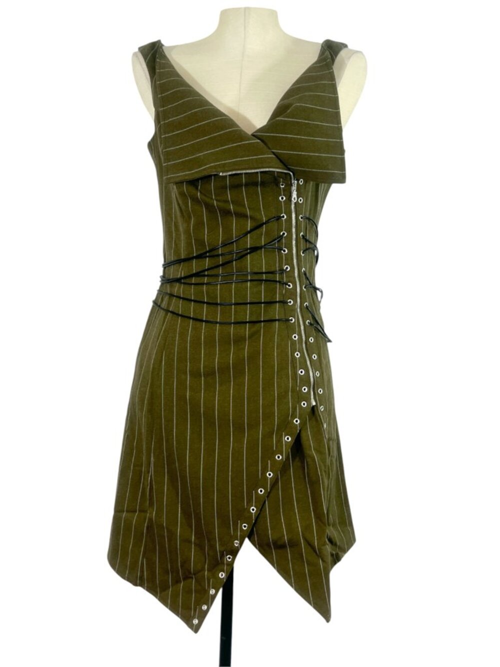 Miaou Celestial Dress Olive Pinstripe XL New $495